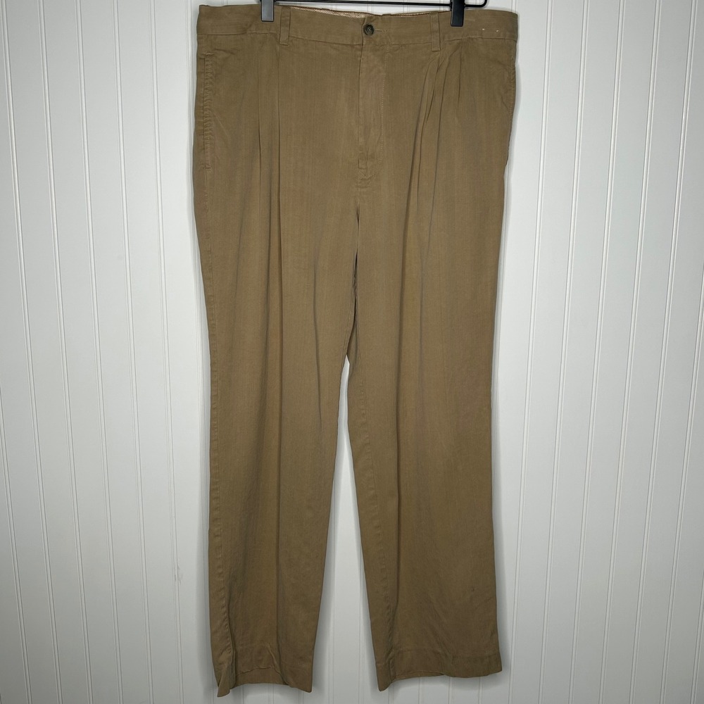 Tommy Bahama Mens Silk Rayon Herringbone Pleated Trousers Khaki 36x32